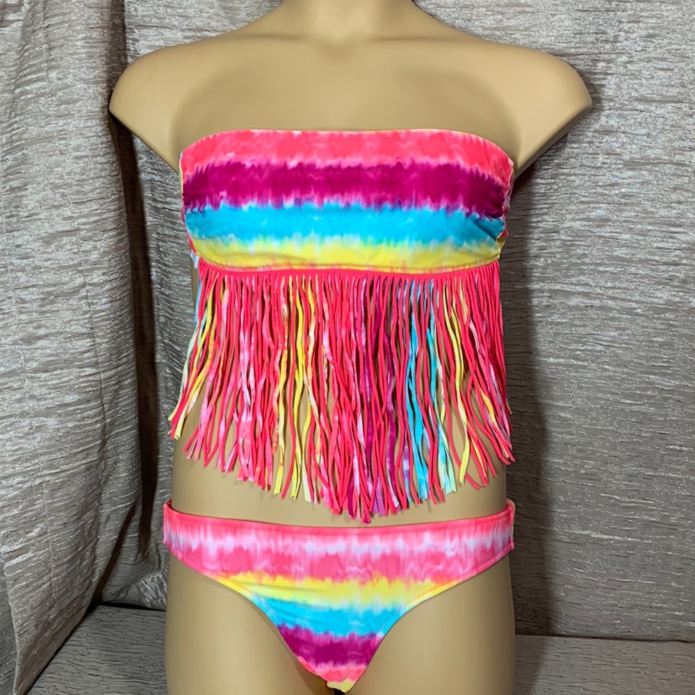 Forever 21 Bikini Set Swimwear Top & Bottom Yellow Pink Purple M Tassels Fringe